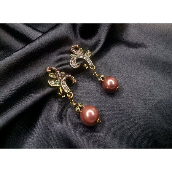 Heidi Daus Bronze Tone Colorful Crystals Wine Maroon Color Dangle Earrings - Picture 3 of 4